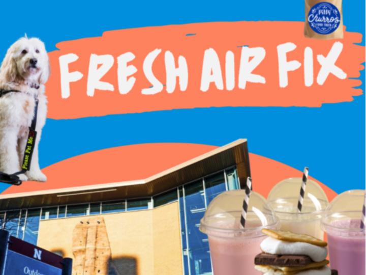 Outdoor center with a dog, churros, smoothies, and text "Fresh Air Fix" on a bright background.ores