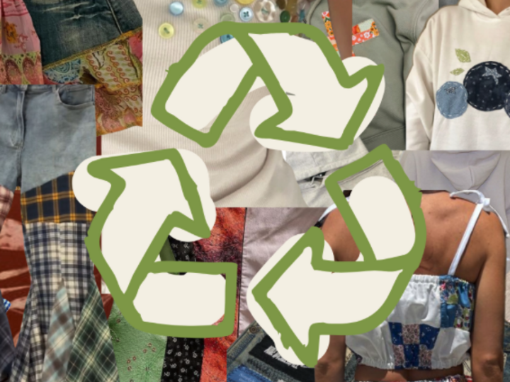 Green recycling logo over a collage of colorful clothing and textiles.